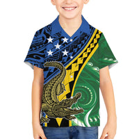 Personalised Crocodile and Shark Solomon Islands Family Matching Off Shoulder Short Dress and Hawaiian Shirt Polynesian Tribal Tattoo LT9 Son's Shirt Green - Polynesian Pride