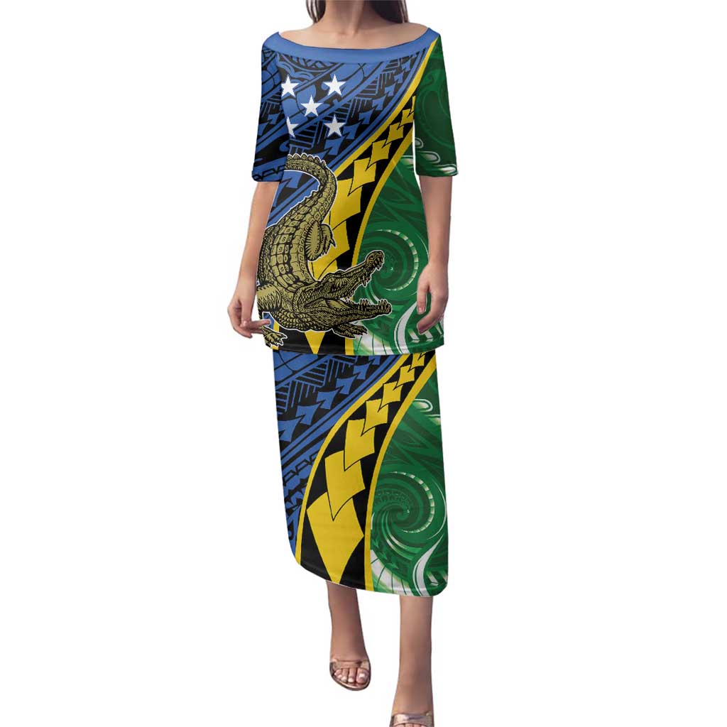 Personalised Crocodile and Shark Solomon Islands Family Matching Puletasi and Hawaiian Shirt Polynesian Tribal Tattoo LT9 Mom's Dress Green - Polynesian Pride