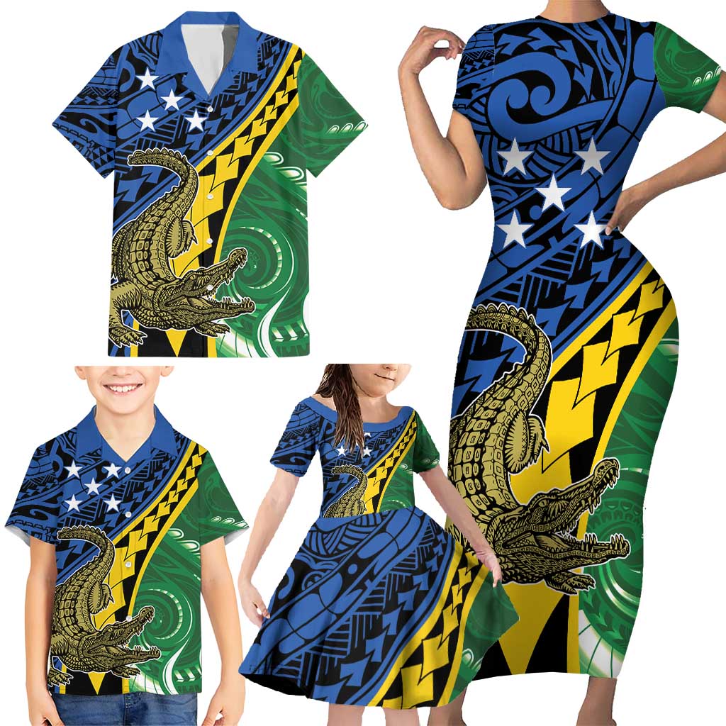 Personalised Crocodile and Shark Solomon Islands Family Matching Short Sleeve Bodycon Dress and Hawaiian Shirt Polynesian Tribal Tattoo LT9 - Polynesian Pride
