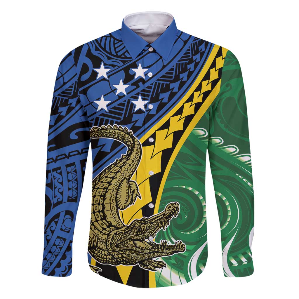 Personalised Crocodile and Shark Solomon Islands Family Matching Summer Maxi Dress and Hawaiian Shirt Polynesian Tribal Tattoo LT9 Dad's Shirt - Long Sleeve Green - Polynesian Pride