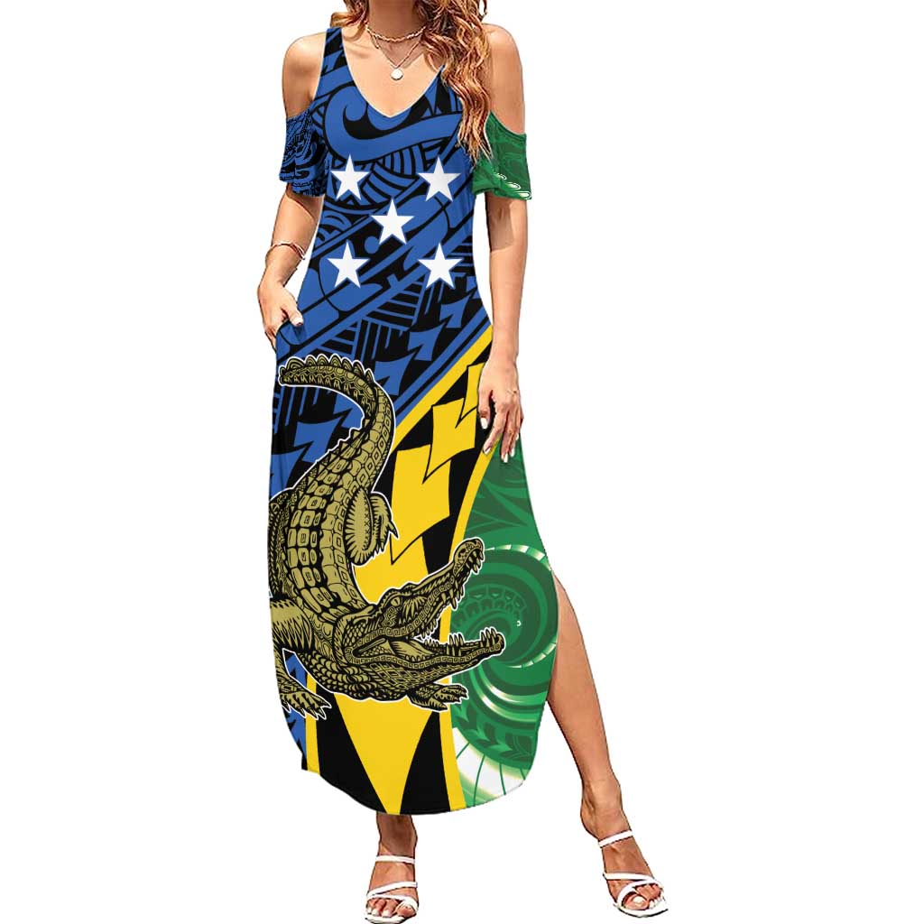 Personalised Crocodile and Shark Solomon Islands Family Matching Summer Maxi Dress and Hawaiian Shirt Polynesian Tribal Tattoo LT9 Mom's Dress Green - Polynesian Pride