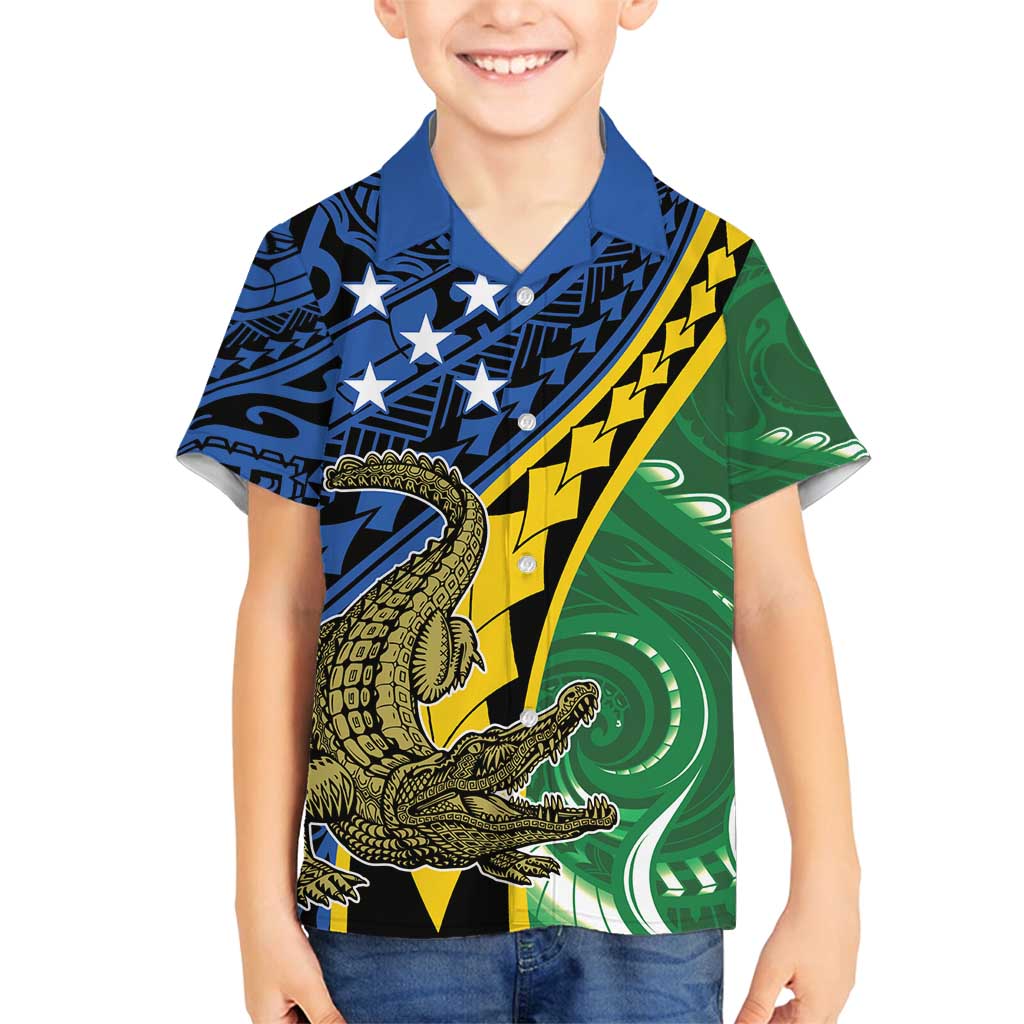 Personalised Crocodile and Shark Solomon Islands Family Matching Summer Maxi Dress and Hawaiian Shirt Polynesian Tribal Tattoo LT9 Son's Shirt Green - Polynesian Pride