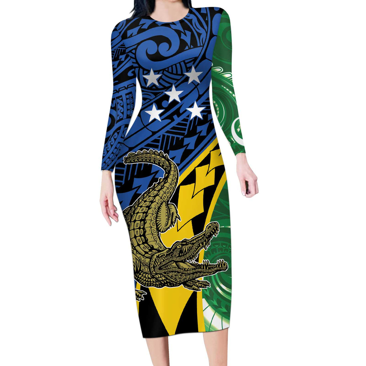 Personalised Crocodile and Shark Solomon Islands Long Sleeve Bodycon Dress Polynesian Tribal Tattoo LT9 Long Dress Green - Polynesian Pride