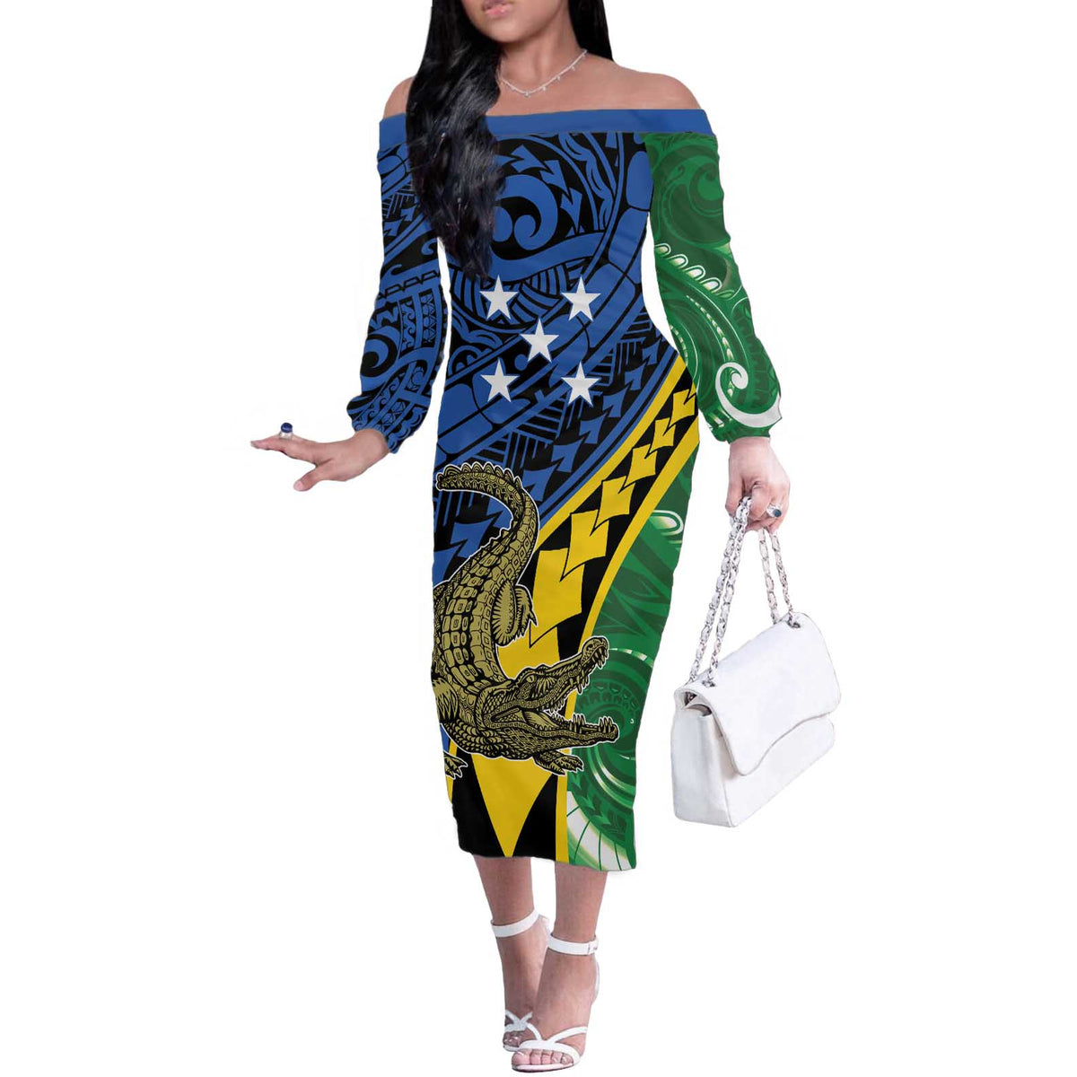 Personalised Crocodile and Shark Solomon Islands Off The Shoulder Long Sleeve Dress Polynesian Tribal Tattoo LT9 Women Green - Polynesian Pride