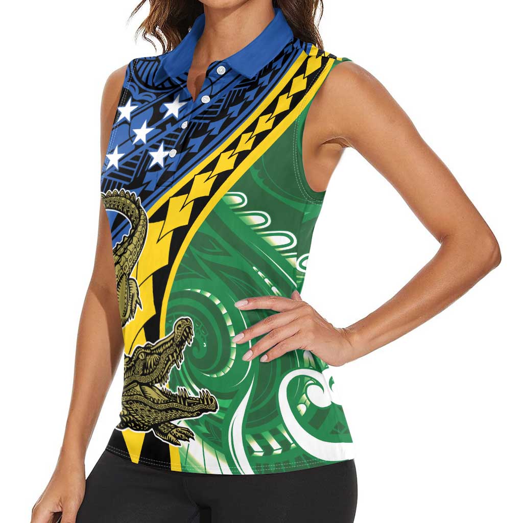 Personalised Crocodile and Shark Solomon Islands Women Sleeveless Polo Shirt Polynesian Tribal Tattoo LT9 - Polynesian Pride