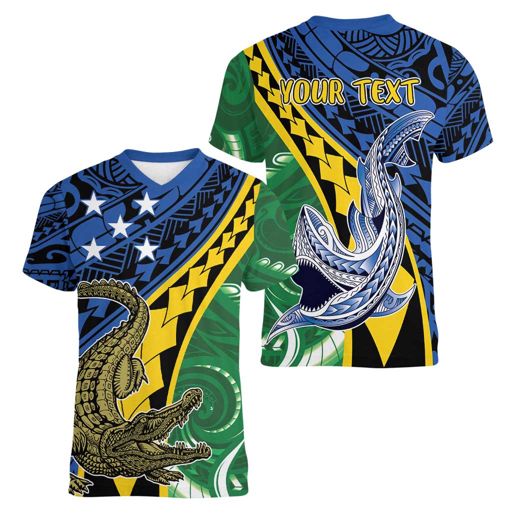 Personalised Crocodile and Shark Solomon Islands Women V-Neck T-Shirt Polynesian Tribal Tattoo LT9 - Polynesian Pride