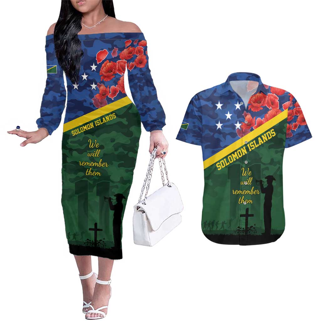Personalised Solomon Islands Remembrance Day Couples Matching Off The Shoulder Long Sleeve Dress and Hawaiian Shirt We Will Remember Them with Camouflage Style LT9 Green - Polynesian Pride