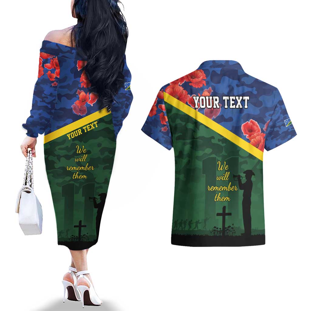 Personalised Solomon Islands Remembrance Day Couples Matching Off The Shoulder Long Sleeve Dress and Hawaiian Shirt We Will Remember Them with Camouflage Style LT9 - Polynesian Pride