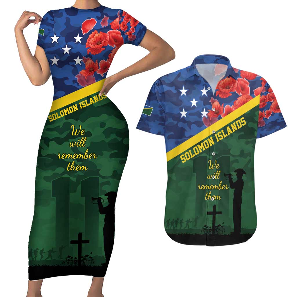 Personalised Solomon Islands Remembrance Day Couples Matching Short Sleeve Bodycon Dress and Hawaiian Shirt We Will Remember Them with Camouflage Style LT9 Green - Polynesian Pride