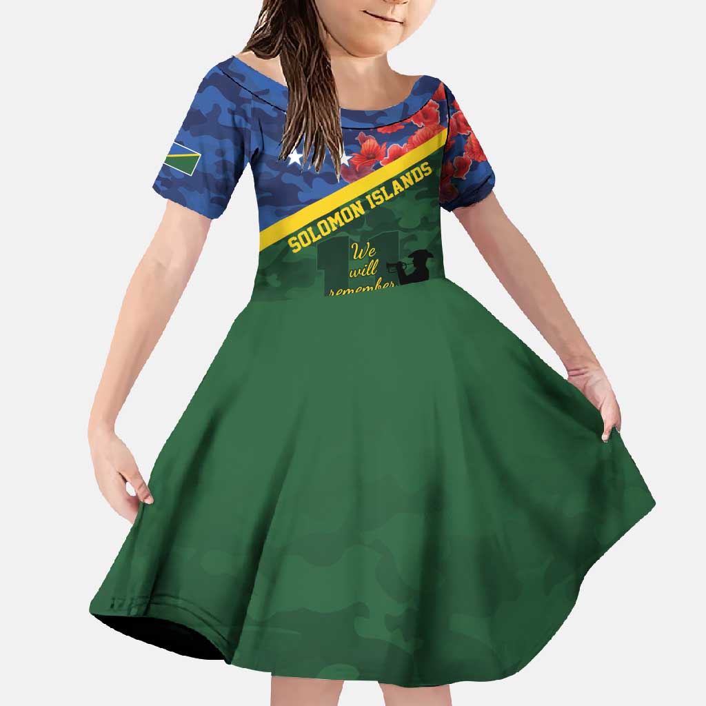 Personalised Solomon Islands Remembrance Day Family Matching Long Sleeve Bodycon Dress and Hawaiian Shirt We Will Remember Them with Camouflage Style LT9 Daughter's Dress Green - Polynesian Pride