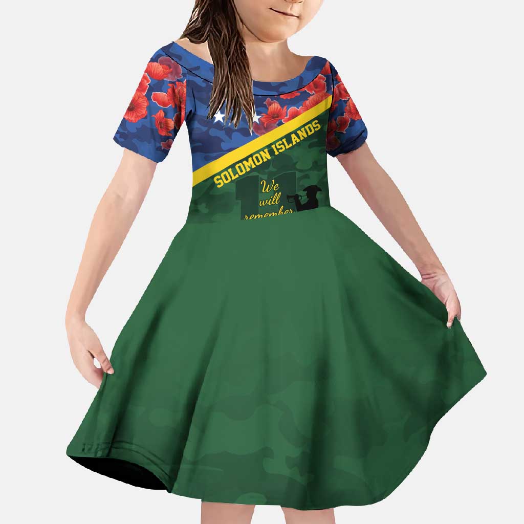 Personalised Solomon Islands Remembrance Day Family Matching Off Shoulder Maxi Dress and Hawaiian Shirt We Will Remember Them with Camouflage Style LT9 Daughter's Dress Green - Polynesian Pride