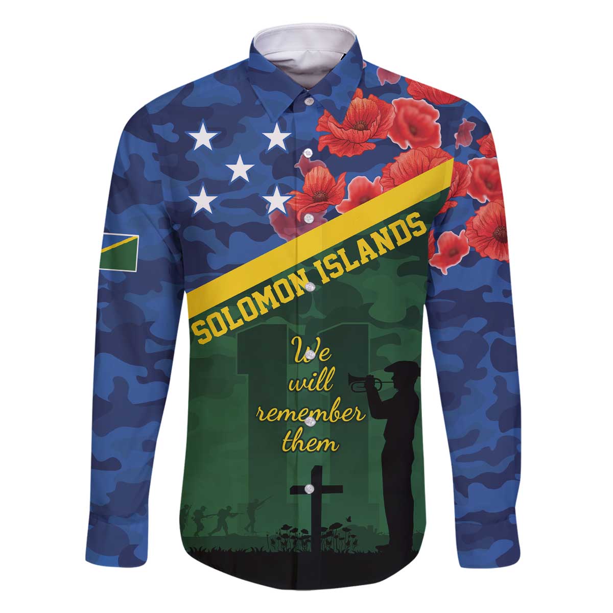 Personalised Solomon Islands Remembrance Day Family Matching Off Shoulder Short Dress and Hawaiian Shirt We Will Remember Them with Camouflage Style LT9 Dad's Shirt - Long Sleeve Green - Polynesian Pride