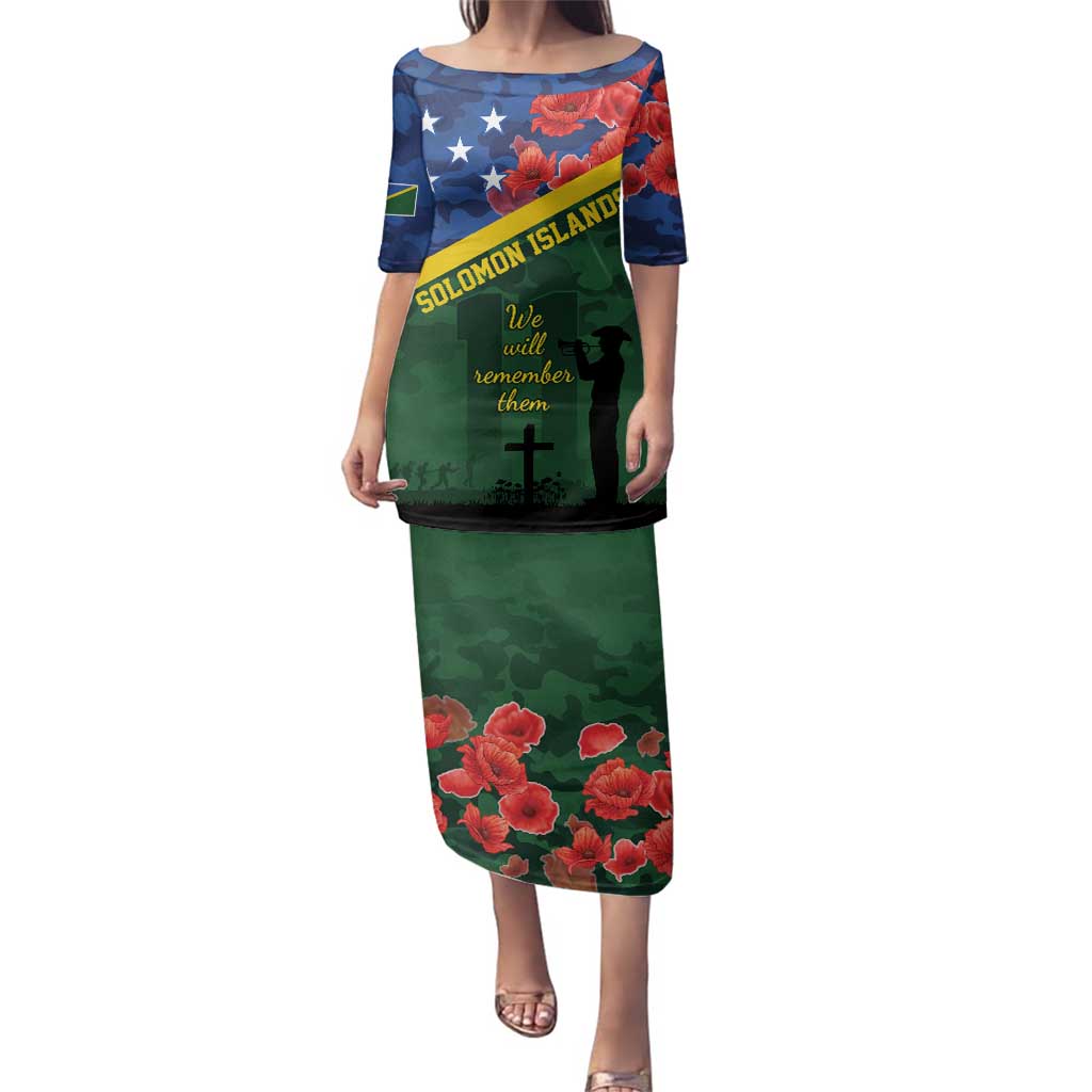 Personalised Solomon Islands Remembrance Day Family Matching Puletasi and Hawaiian Shirt We Will Remember Them with Camouflage Style LT9 Mom's Dress Green - Polynesian Pride