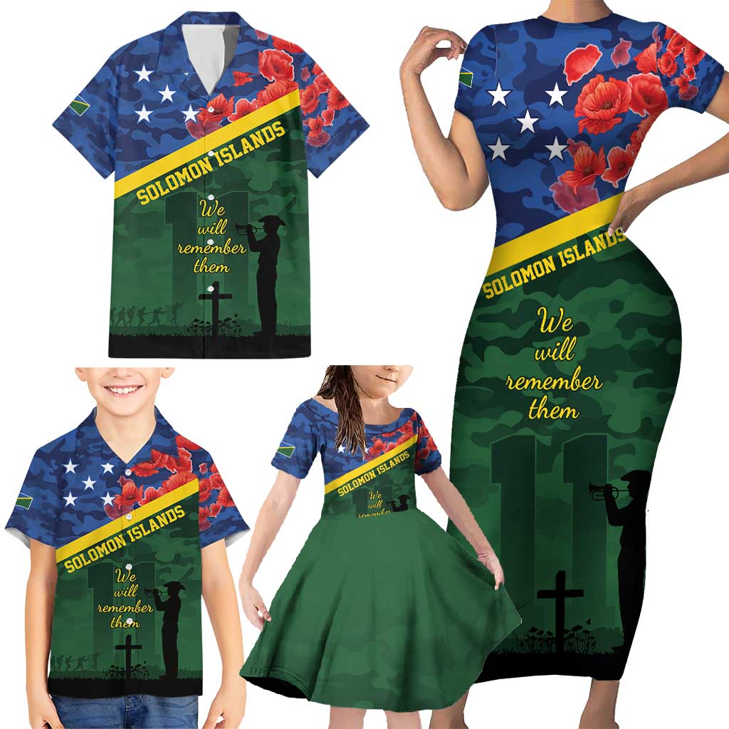 Personalised Solomon Islands Remembrance Day Family Matching Short Sleeve Bodycon Dress and Hawaiian Shirt We Will Remember Them with Camouflage Style LT9 - Polynesian Pride