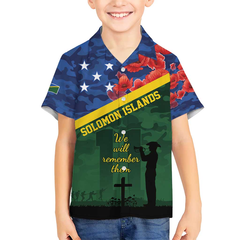 Personalised Solomon Islands Remembrance Day Family Matching Short Sleeve Bodycon Dress and Hawaiian Shirt We Will Remember Them with Camouflage Style LT9 Son's Shirt Green - Polynesian Pride