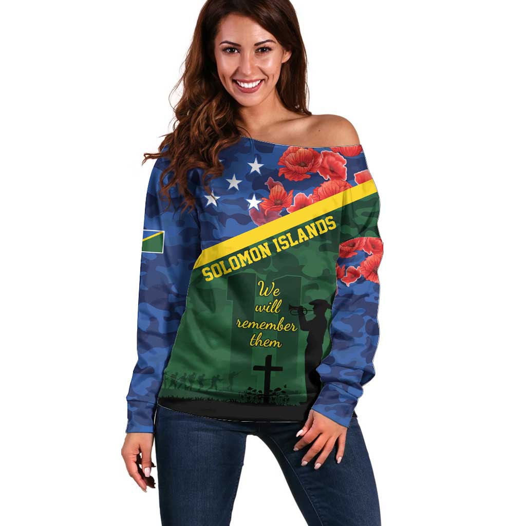 Personalised Solomon Islands Remembrance Day Off Shoulder Sweater We Will Remember Them with Camouflage Style LT9 Women Green - Polynesian Pride