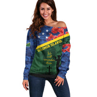 Personalised Solomon Islands Remembrance Day Off Shoulder Sweater We Will Remember Them with Camouflage Style LT9 Women Green - Polynesian Pride