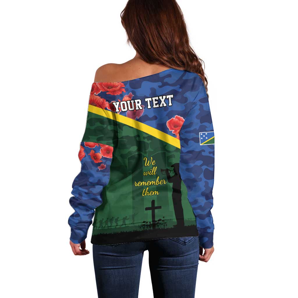 Personalised Solomon Islands Remembrance Day Off Shoulder Sweater We Will Remember Them with Camouflage Style LT9 - Polynesian Pride