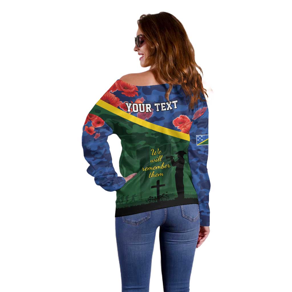 Personalised Solomon Islands Remembrance Day Off Shoulder Sweater We Will Remember Them with Camouflage Style LT9 - Polynesian Pride