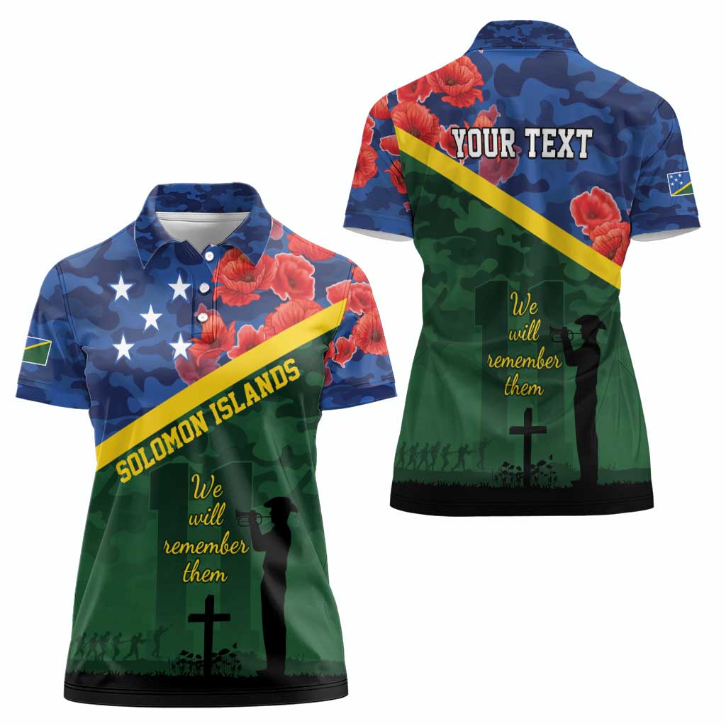 Personalised Solomon Islands Remembrance Day Women Polo Shirt We Will Remember Them with Camouflage Style