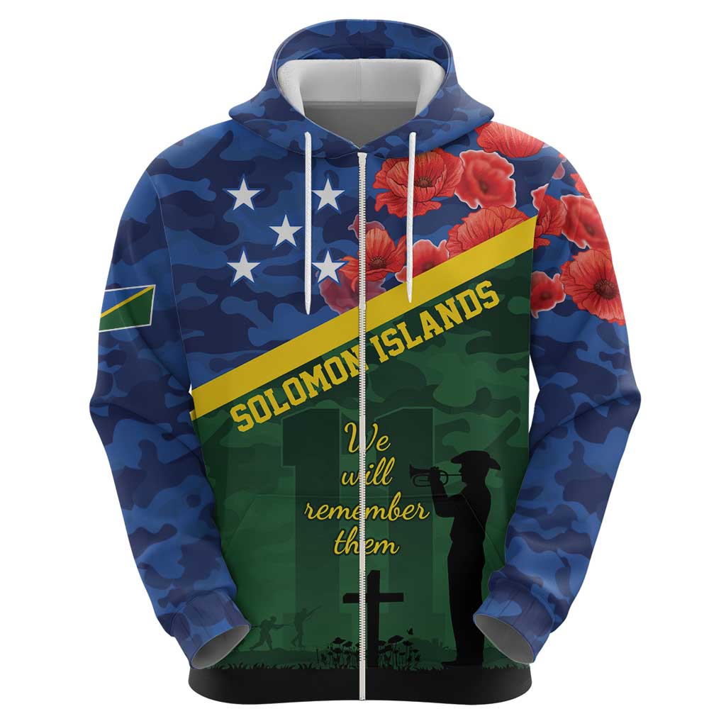 Personalised Solomon Islands Remembrance Day Zip Hoodie We Will Remember Them with Camouflage Style LT9 - Polynesian Pride