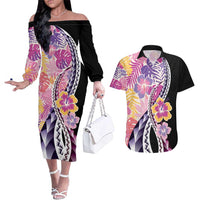 Aloha Vintage Hibiscus Lei Seamless Pattern Couples Matching Off The Shoulder Long Sleeve Dress and Hawaiian Shirt LT9 Pink - Polynesian Pride