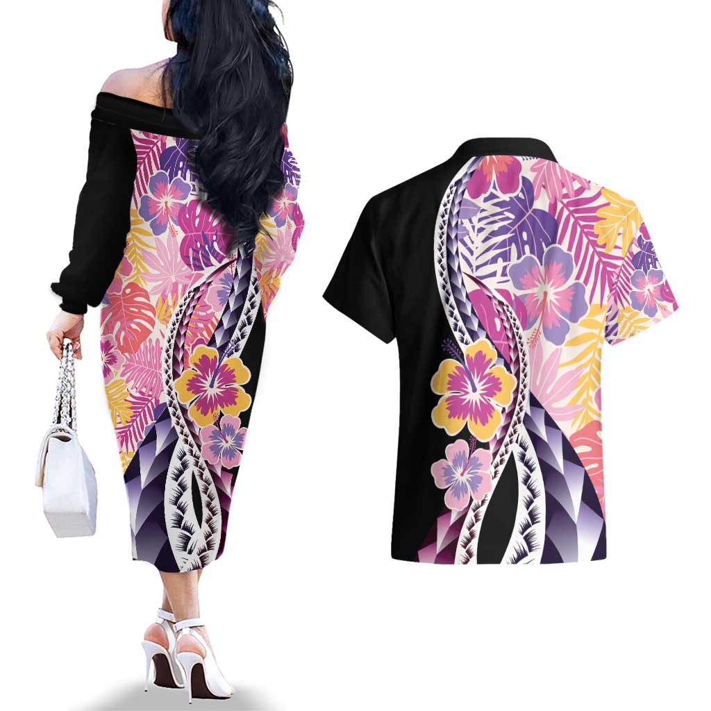 Aloha Vintage Hibiscus Lei Seamless Pattern Couples Matching Off The Shoulder Long Sleeve Dress and Hawaiian Shirt LT9 - Polynesian Pride
