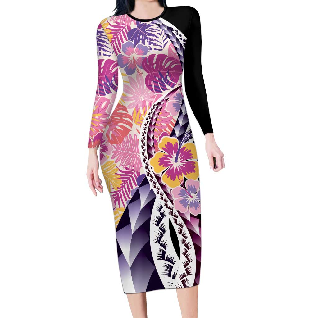 Aloha Vintage Hibiscus Lei Seamless Pattern Family Matching Long Sleeve Bodycon Dress and Hawaiian Shirt LT9 Mom's Dress Pink - Polynesian Pride