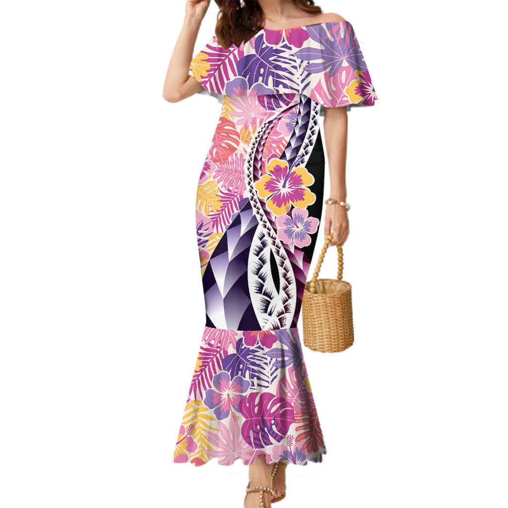 Aloha Vintage Hibiscus Lei Seamless Pattern Family Matching Mermaid Dress and Hawaiian Shirt LT9 Mom's Dress Pink - Polynesian Pride