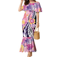 Aloha Vintage Hibiscus Lei Seamless Pattern Family Matching Mermaid Dress and Hawaiian Shirt LT9 Mom's Dress Pink - Polynesian Pride
