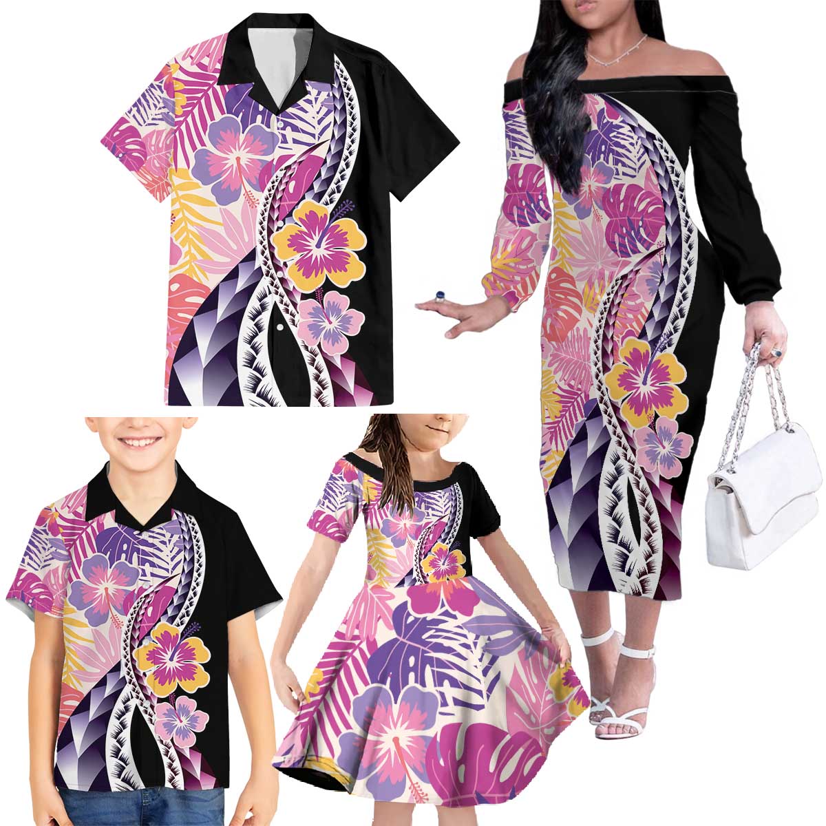 Aloha Vintage Hibiscus Lei Seamless Pattern Family Matching Off The Shoulder Long Sleeve Dress and Hawaiian Shirt LT9 - Polynesian Pride