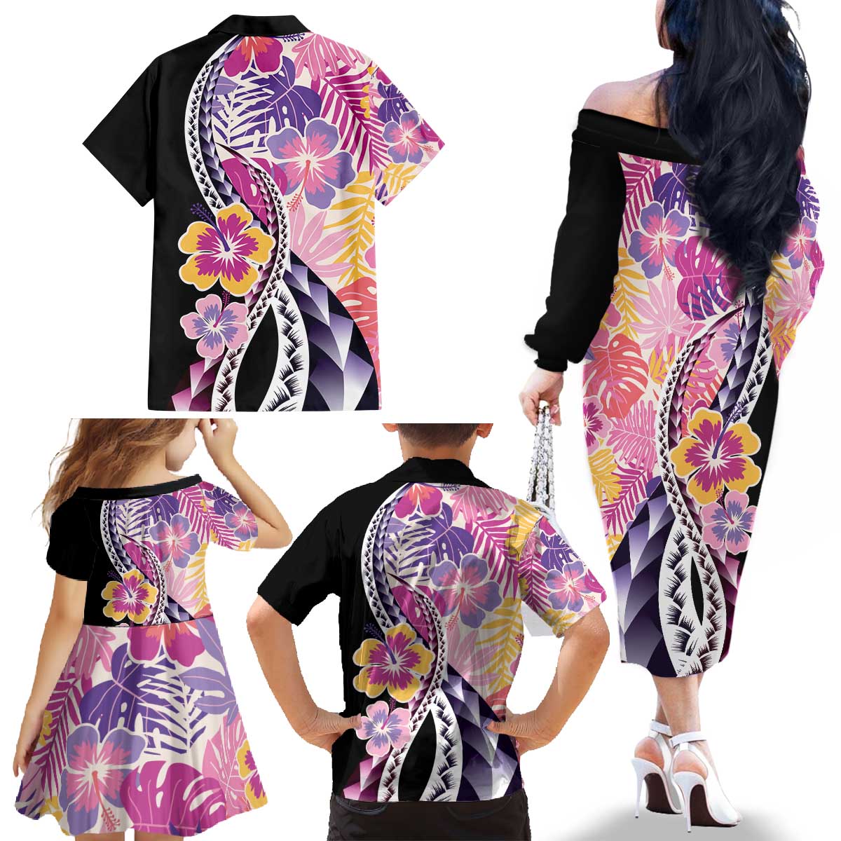 Aloha Vintage Hibiscus Lei Seamless Pattern Family Matching Off The Shoulder Long Sleeve Dress and Hawaiian Shirt LT9 - Polynesian Pride