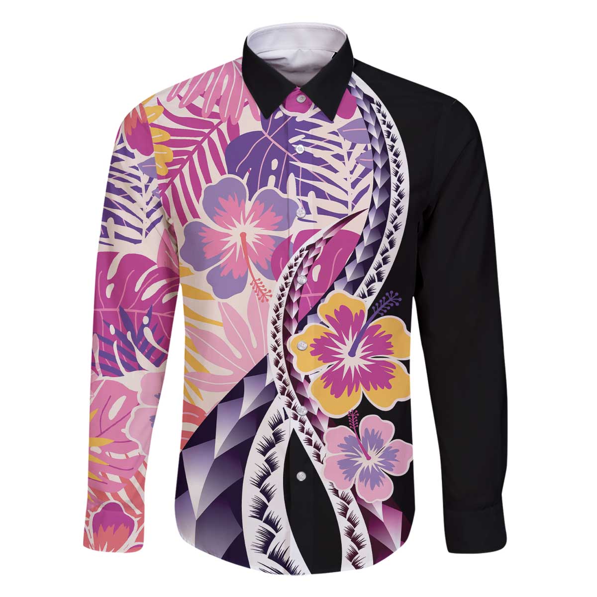 Aloha Vintage Hibiscus Lei Seamless Pattern Family Matching Off The Shoulder Long Sleeve Dress and Hawaiian Shirt LT9 Dad's Shirt - Long Sleeve Pink - Polynesian Pride