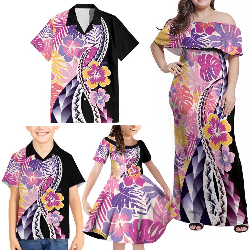 Aloha Vintage Hibiscus Lei Seamless Pattern Family Matching Off Shoulder Maxi Dress and Hawaiian Shirt LT9 - Polynesian Pride