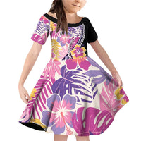 Aloha Vintage Hibiscus Lei Seamless Pattern Family Matching Off Shoulder Short Dress and Hawaiian Shirt LT9 Daughter's Dress Pink - Polynesian Pride