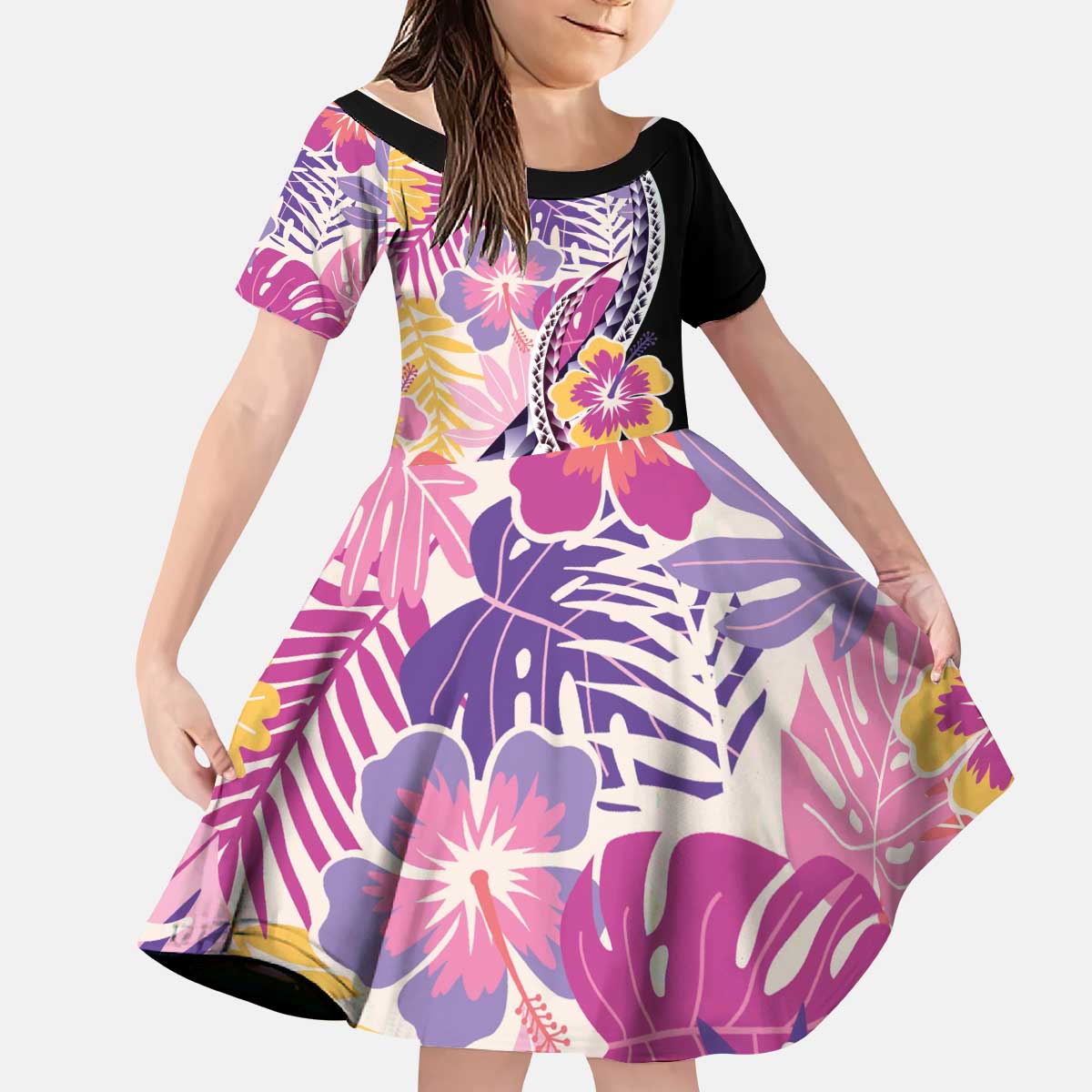 Aloha Vintage Hibiscus Lei Seamless Pattern Kid Short Sleeve Dress LT9 KID Pink - Polynesian Pride