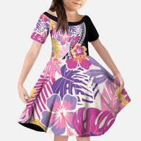 Aloha Vintage Hibiscus Lei Seamless Pattern Kid Short Sleeve Dress LT9 KID Pink - Polynesian Pride