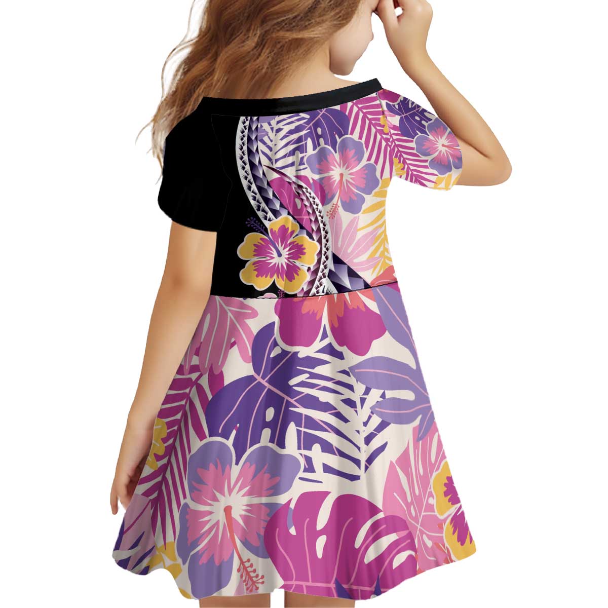 Aloha Vintage Hibiscus Lei Seamless Pattern Kid Short Sleeve Dress LT9 - Polynesian Pride