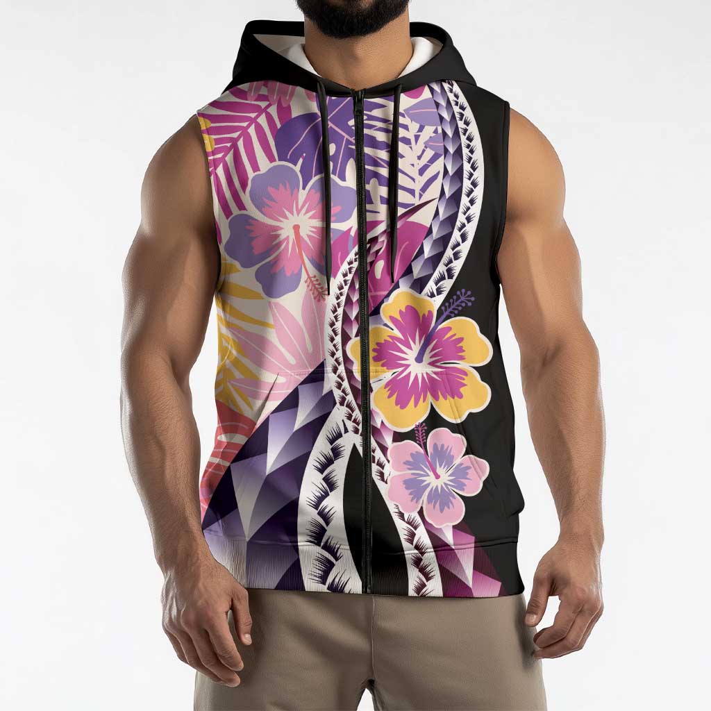 Aloha Vintage Hibiscus Lei Seamless Pattern Sleeveless Zip Hoodie LT9 - Polynesian Pride
