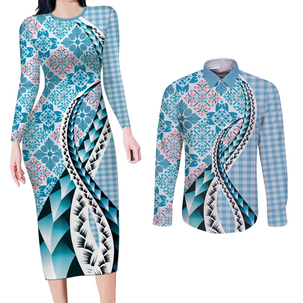 Aloha Vintage Palaka Floral Hawaiian Quilt Couples Matching Long Sleeve Bodycon Dress and Long Sleeve Button Shirt Uliuli Motif LT9 Blue - Polynesian Pride