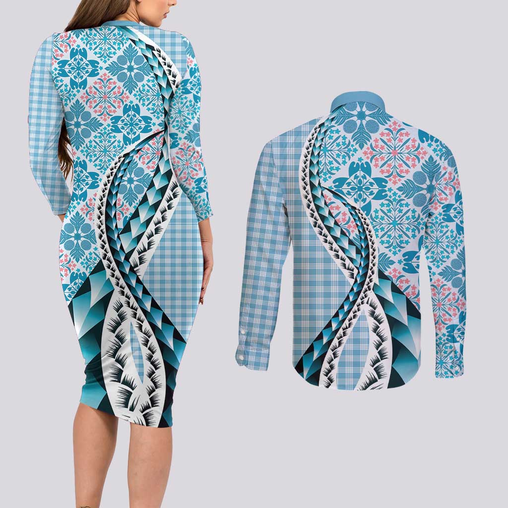 Aloha Vintage Palaka Floral Hawaiian Quilt Couples Matching Long Sleeve Bodycon Dress and Long Sleeve Button Shirt Uliuli Motif LT9 - Polynesian Pride