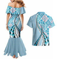 Aloha Vintage Palaka Floral Hawaiian Quilt Couples Matching Mermaid Dress and Hawaiian Shirt Uliuli Motif LT9 - Polynesian Pride
