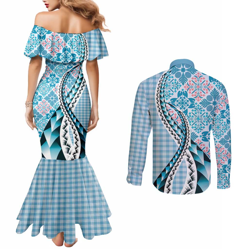 Aloha Vintage Palaka Floral Hawaiian Quilt Couples Matching Mermaid Dress and Long Sleeve Button Shirt Uliuli Motif LT9 - Polynesian Pride