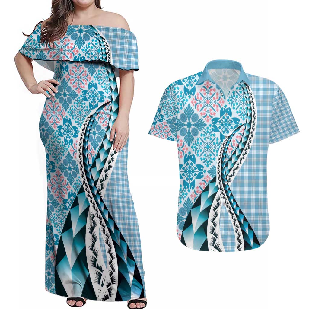 Aloha Vintage Palaka Floral Hawaiian Quilt Couples Matching Off Shoulder Maxi Dress and Hawaiian Shirt Uliuli Motif LT9 Blue - Polynesian Pride