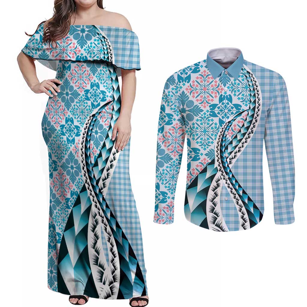 Aloha Vintage Palaka Floral Hawaiian Quilt Couples Matching Off Shoulder Maxi Dress and Long Sleeve Button Shirt Uliuli Motif - Polynesian Pride