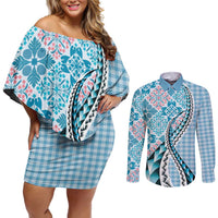 Aloha Vintage Palaka Floral Hawaiian Quilt Couples Matching Off Shoulder Short Dress and Long Sleeve Button Shirt Uliuli Motif LT9 Blue - Polynesian Pride