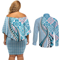 Aloha Vintage Palaka Floral Hawaiian Quilt Couples Matching Off Shoulder Short Dress and Long Sleeve Button Shirt Uliuli Motif LT9 - Polynesian Pride