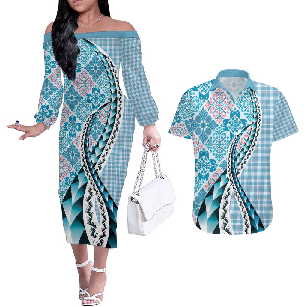 Aloha Vintage Palaka Floral Hawaiian Quilt Couples Matching Off The Shoulder Long Sleeve Dress and Hawaiian Shirt Uliuli Motif LT9 Blue - Polynesian Pride