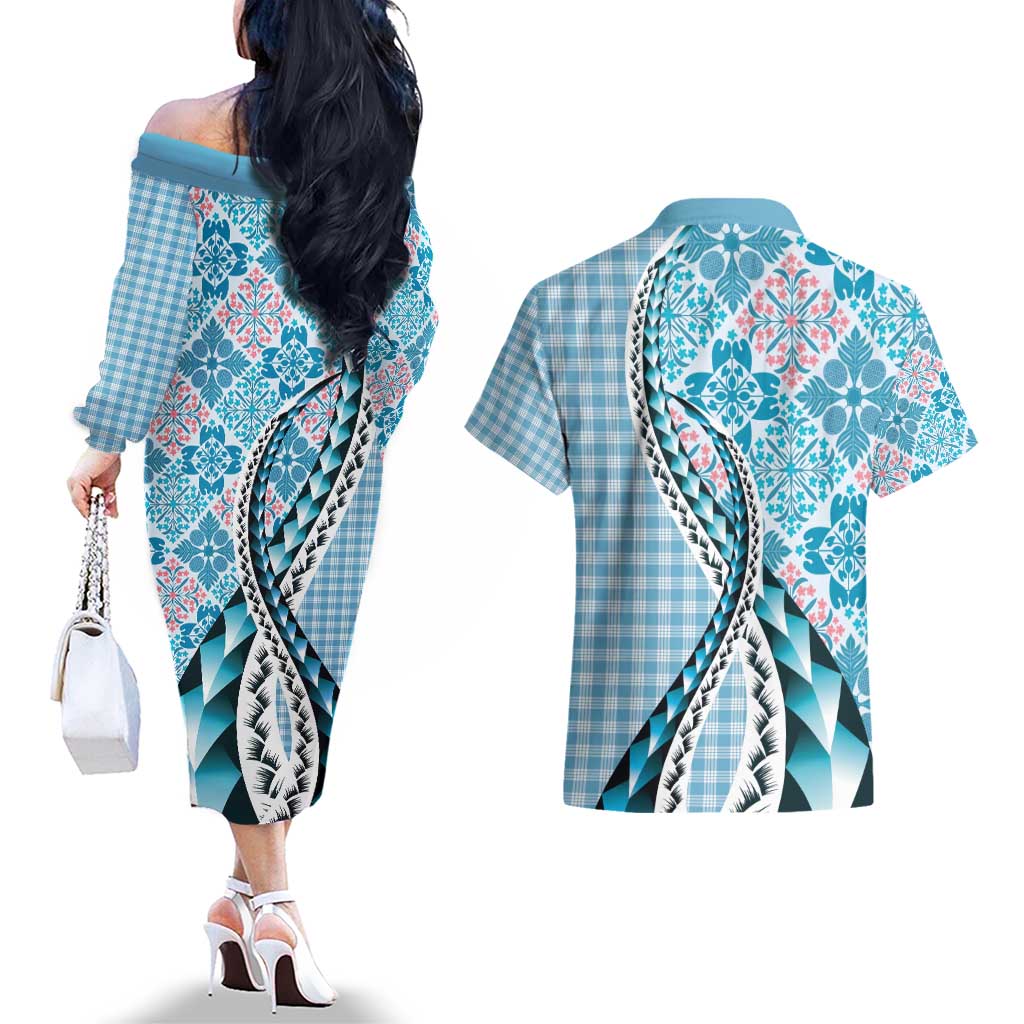 Aloha Vintage Palaka Floral Hawaiian Quilt Couples Matching Off The Shoulder Long Sleeve Dress and Hawaiian Shirt Uliuli Motif LT9 - Polynesian Pride