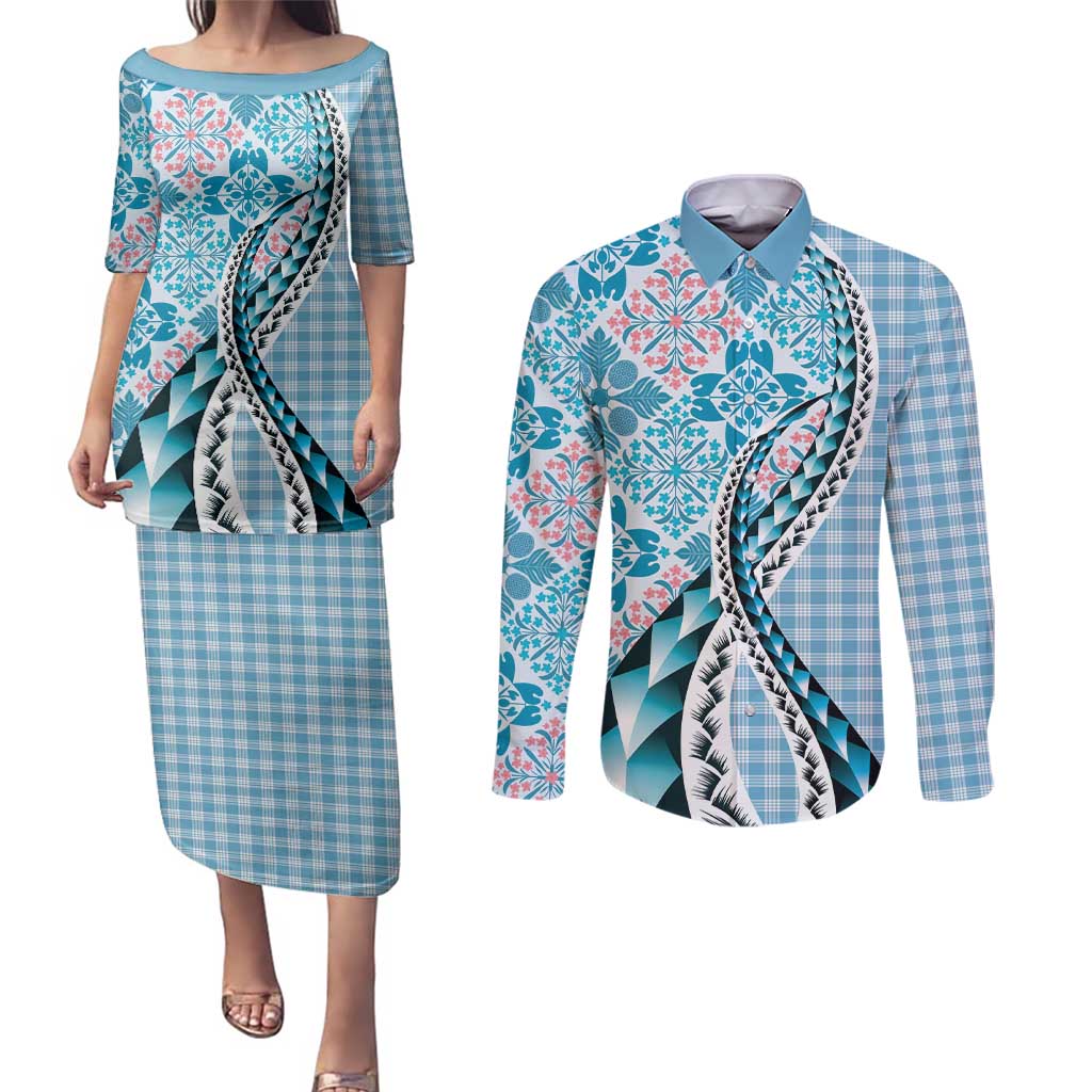 Aloha Vintage Palaka Floral Hawaiian Quilt Couples Matching Puletasi and Long Sleeve Button Shirt Uliuli Motif LT9 Blue - Polynesian Pride